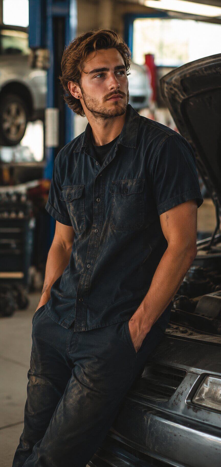 Mechanic in garage with car
