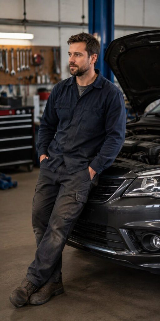 Herbert Langham in garage with car