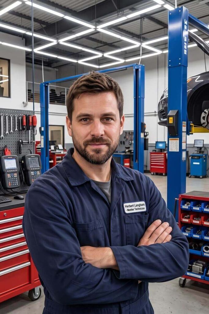 Herbert Langham working in a garage workshop